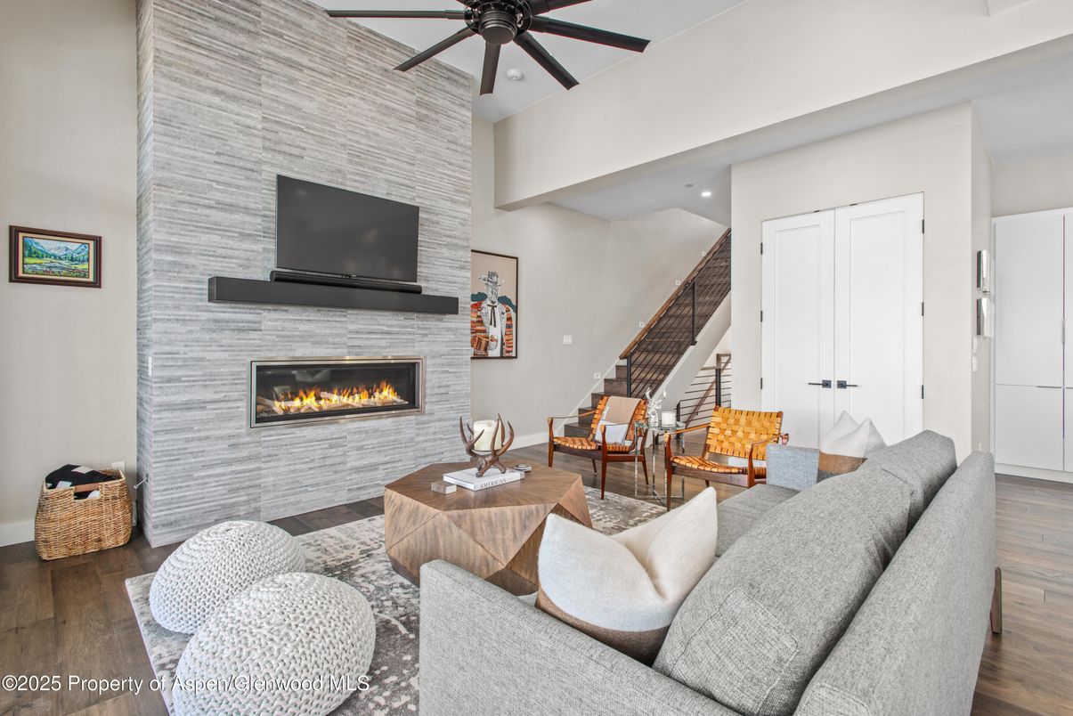 Fireplace, Interior, Living room, Recessed Lighting, Wood Texture Flooring