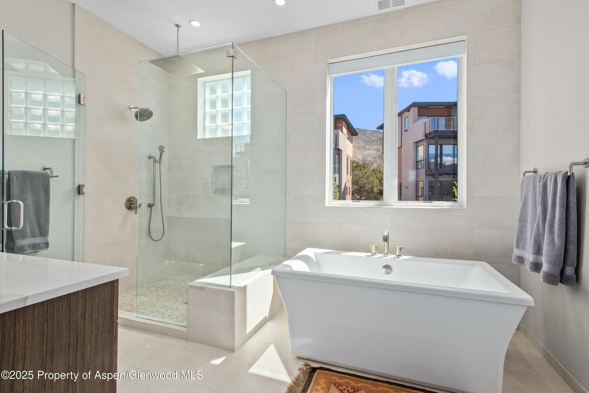 Bathroom, Free Standing Baths, Glass Shower, Interior, Recessed Lighting