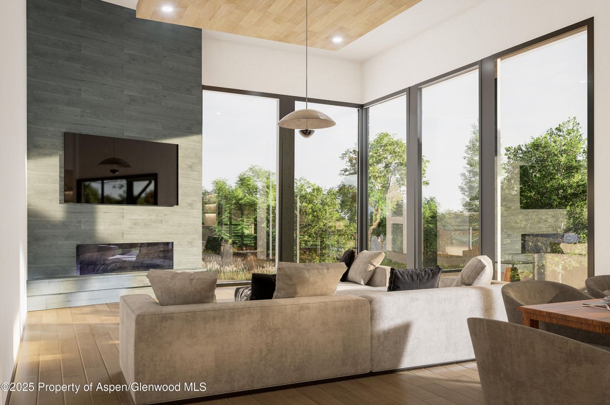 Fireplace, Interior, Living room, Pendant Lights, Recessed Lighting, Wooden Ceilings, Wood Texture Flooring