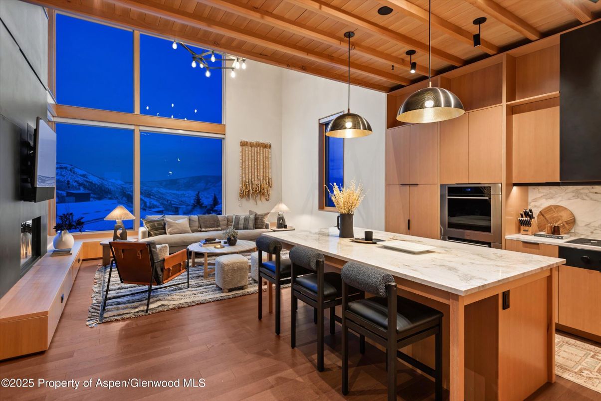 Fireplace, Interior, Kitchen, Living room, Pendant Lights, Stainless Steel Appliances, Wooden Beams, Wooden Ceilings, Wood Texture Flooring