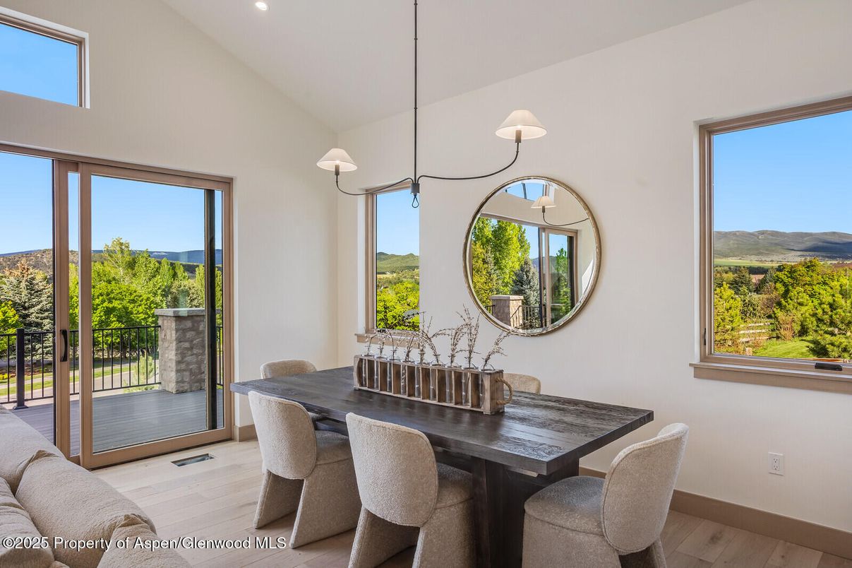 Dining room, Interior, Pendant Lights, Recessed Lighting, Wood Texture Flooring