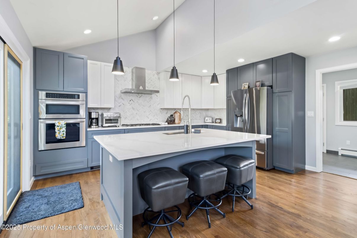 Interior, Kitchen, Pendant Lights, Recessed Lighting, Stainless Steel Appliances, Wood Texture Flooring