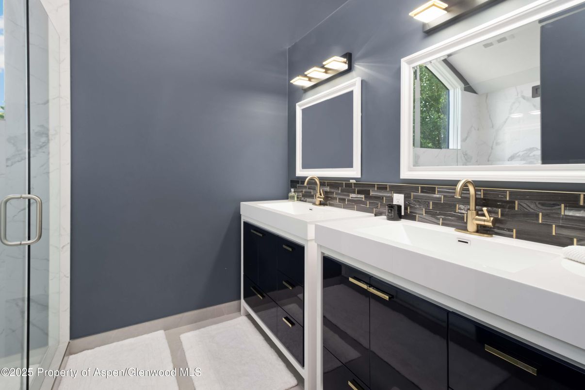 Bathroom, Dual Sink Vanities, Glass Shower, Interior, Marble Walls
