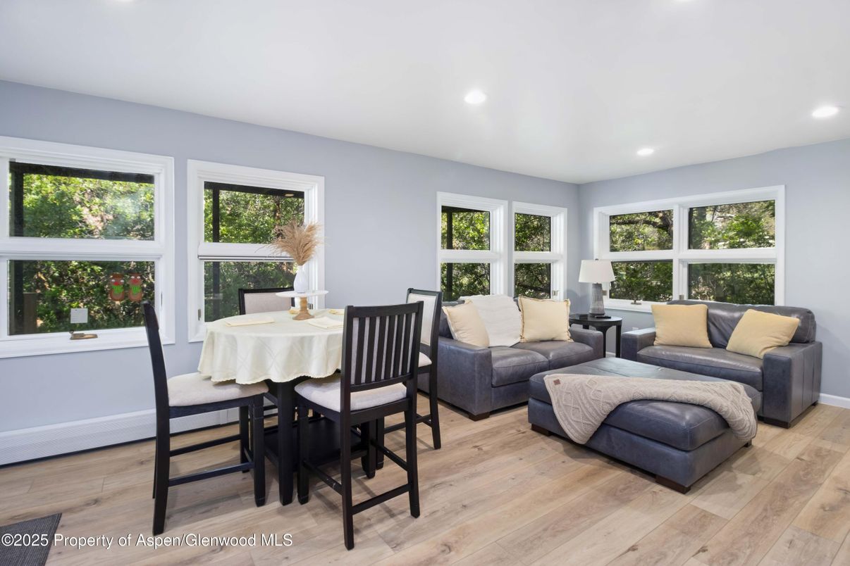Dining room, Interior, Living room, Recessed Lighting, Wood Texture Flooring