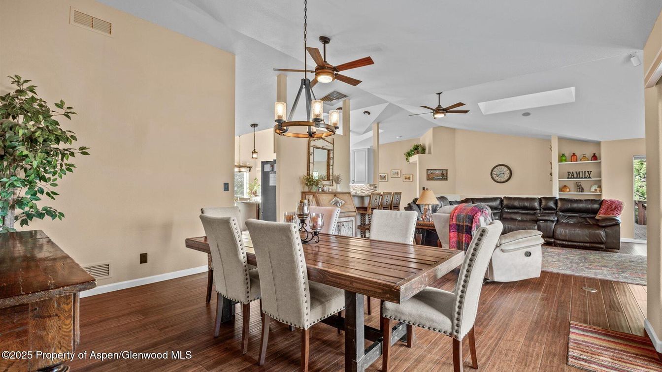 Dining room, Interior, Living room, Recessed Lighting, Wood Texture Flooring