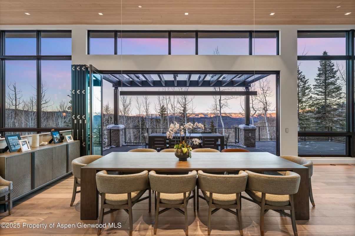 Dining room, Interior, Pendant Lights, Recessed Lighting, Wood Texture Flooring