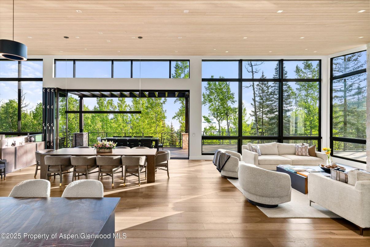 Dining room, Interior, Living room, Pendant Lights, Recessed Lighting, Wooden Ceilings, Wood Texture Flooring