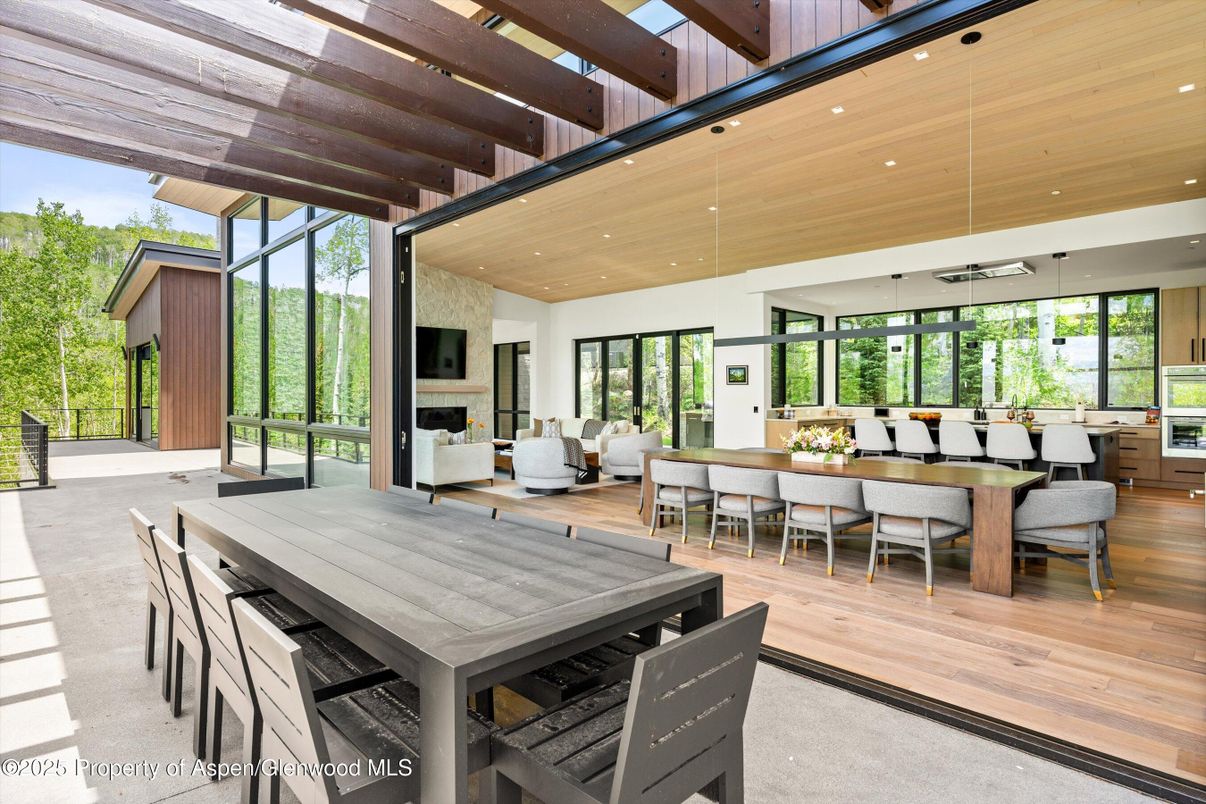Dining room, Interior, Pendant Lights, Recessed Lighting, Wood Texture Flooring