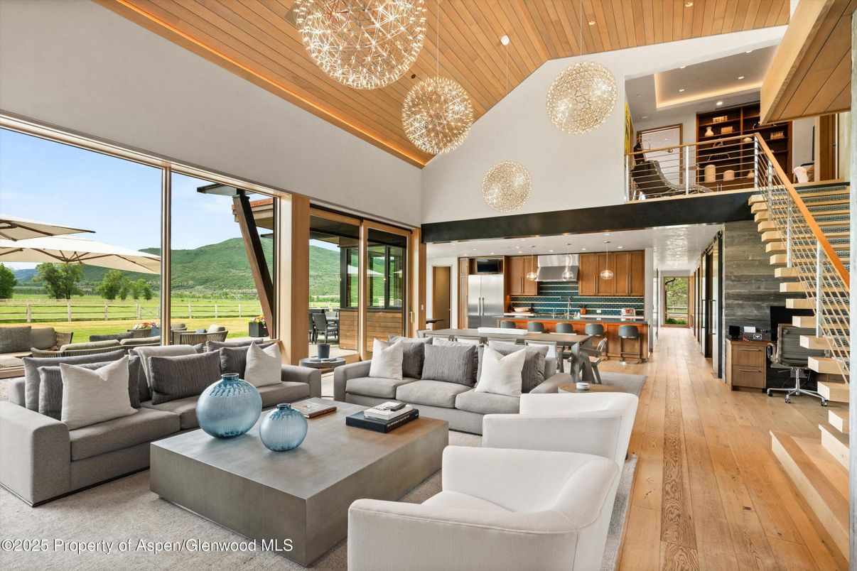 Interior, Kitchen, Living room, Pendant Lights, Recessed Lighting, Stainless Steel Appliances, Wooden Ceilings, Wood Texture Flooring