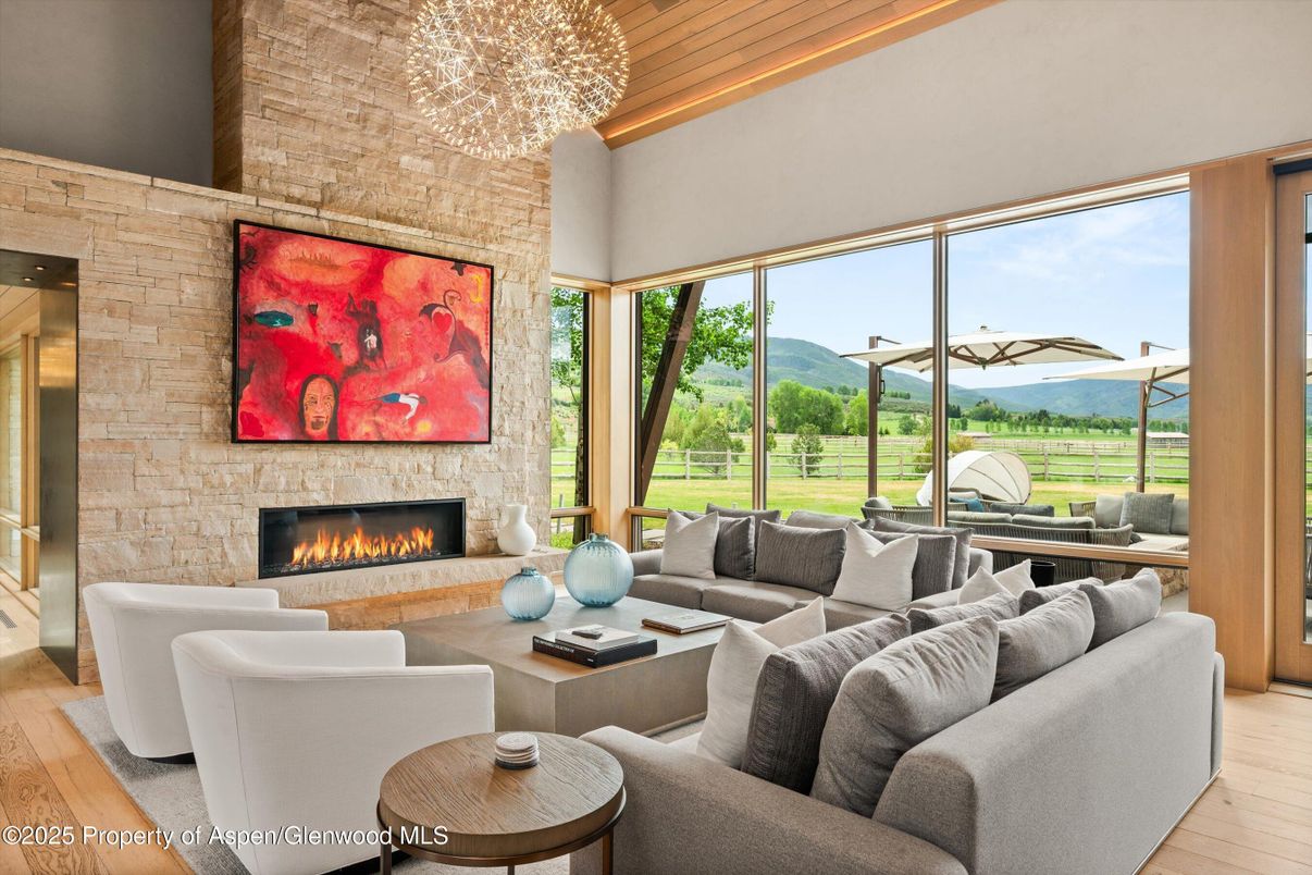 Fireplace, Interior, Living room, Pendant Lights, Stone Walls, Wooden Ceilings, Wood Texture Flooring