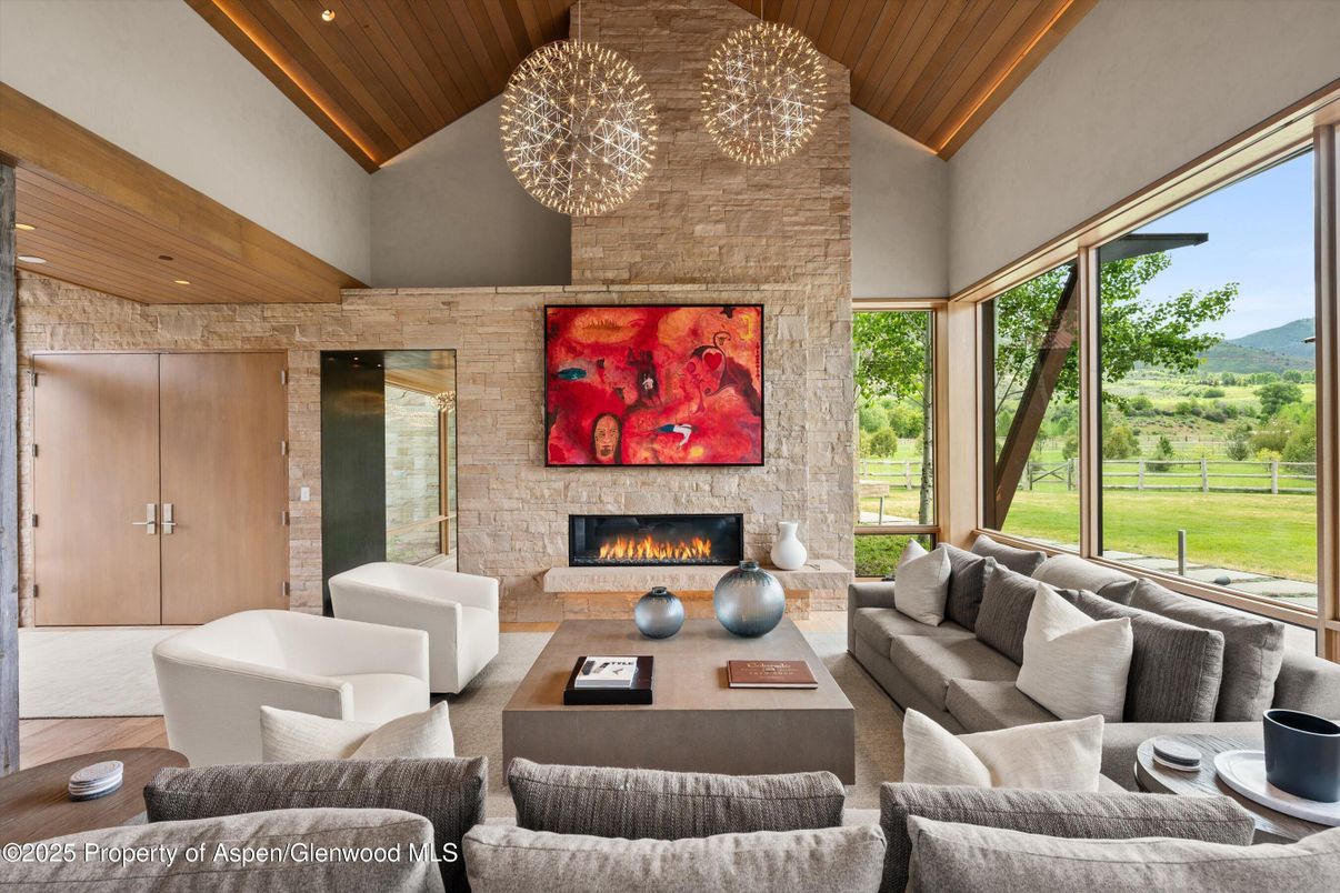 Fireplace, Interior, Living room, Pendant Lights, Recessed Lighting, Stone Walls, Wooden Ceilings