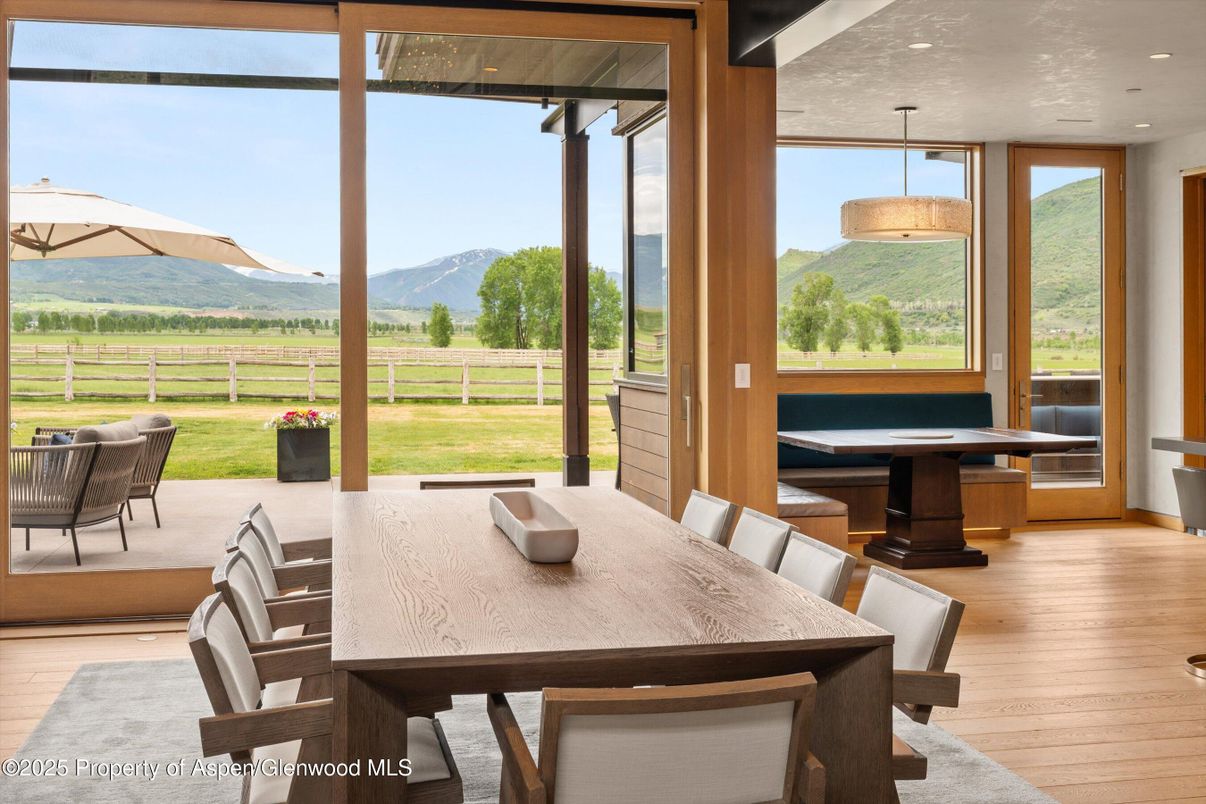 Dining room, Interior, Pendant Lights, Recessed Lighting, Wood Texture Flooring