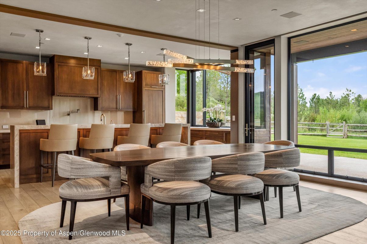 Dining room, Interior, Pendant Lights, Recessed Lighting, Wood Texture Flooring