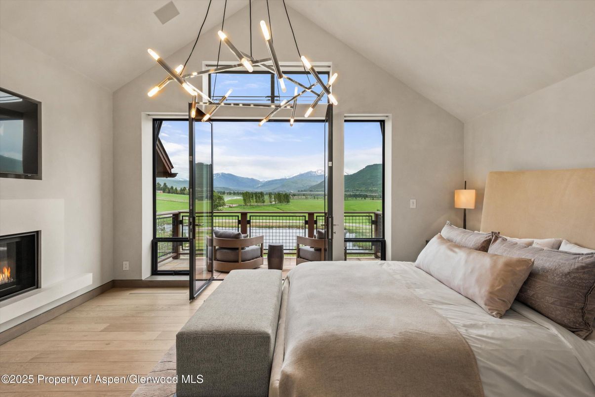 Bedroom, Fireplace, Interior, Pendant Lights, Wood Texture Flooring