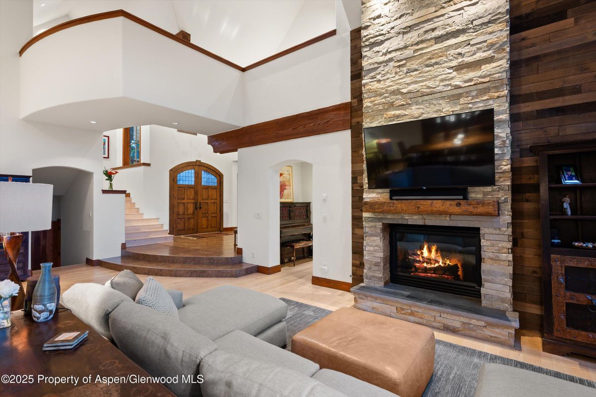 Fireplace, Interior, Living room, Recessed Lighting, Wood Texture Flooring, Wooden Walls