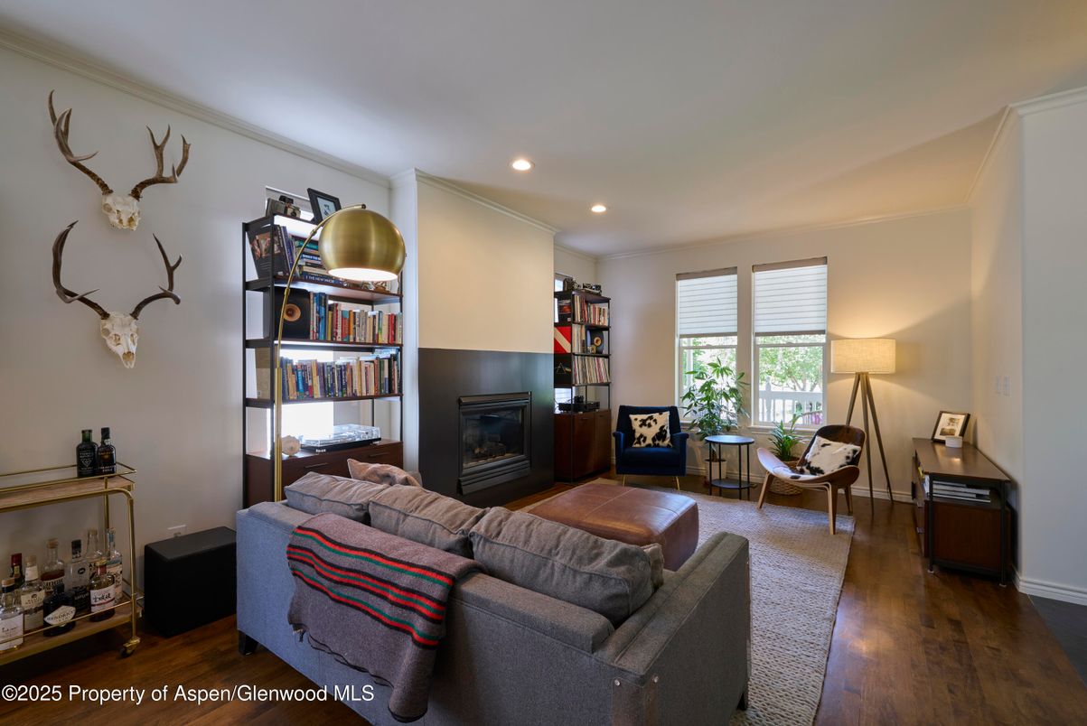Fireplace, Interior, Living room, Recessed Lighting, Wood Texture Flooring