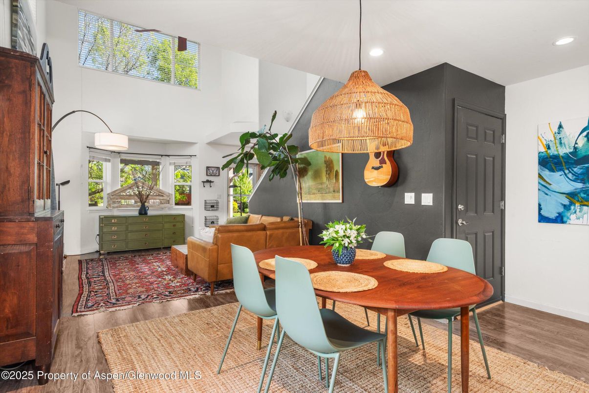 Dining room, Interior, Pendant Lights, Recessed Lighting, Wood Texture Flooring
