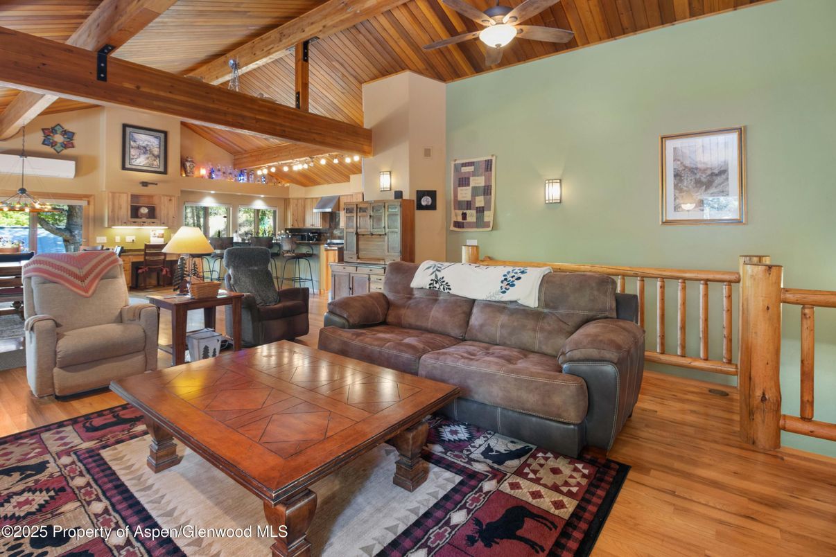 Interior, Kitchen, Living room, Pendant Lights, Stainless Steel Appliances, Wooden Beams, Wooden Ceilings, Wood Texture Flooring