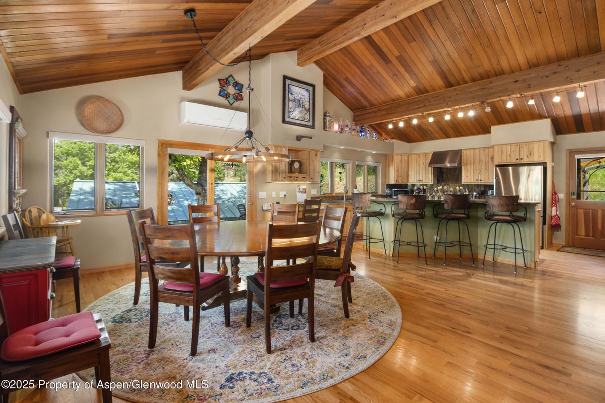 Dining room, Interior, Kitchen, Pendant Lights, Stainless Steel Appliances, Wooden Beams, Wooden Ceilings, Wood Texture Flooring