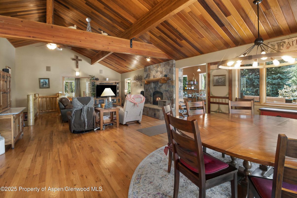 Dining room, Fireplace, Interior, Living room, Pendant Lights, Wooden Beams, Wooden Ceilings, Wood Texture Flooring