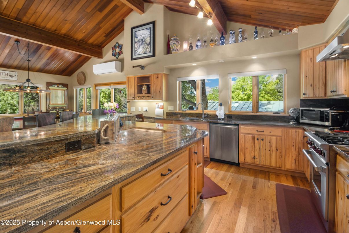 Interior, Kitchen, Pendant Lights, Stainless Steel Appliances, Wooden Beams, Wooden Ceilings, Wood Texture Flooring