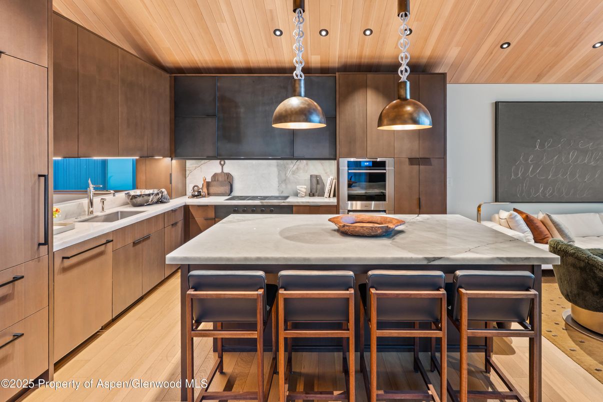 Interior, Kitchen, Pendant Lights, Recessed Lighting, Stainless Steel Appliances, Wooden Ceilings, Wood Texture Flooring