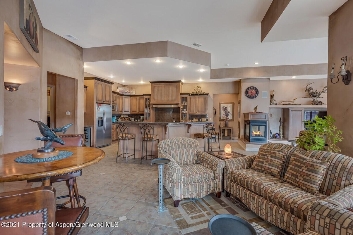 Fireplace, Interior, Kitchen, Living room, Recessed Lighting