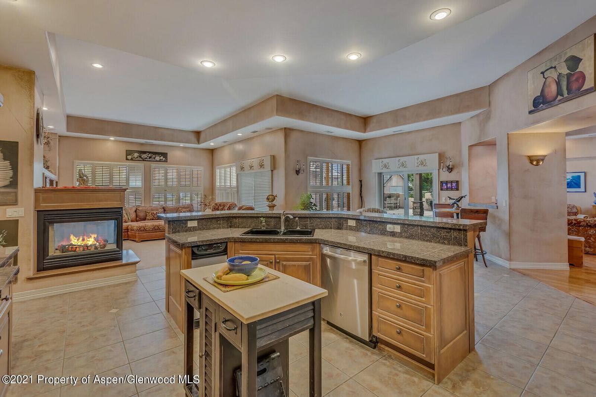 Fireplace, Interior, Kitchen, Living room, Recessed Lighting