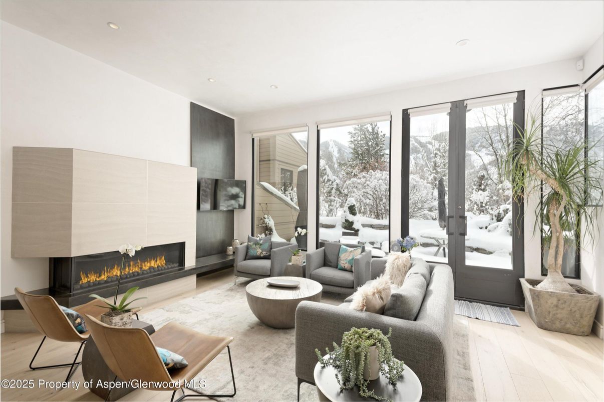Fireplace, Interior, Living room, Recessed Lighting, Wood Texture Flooring