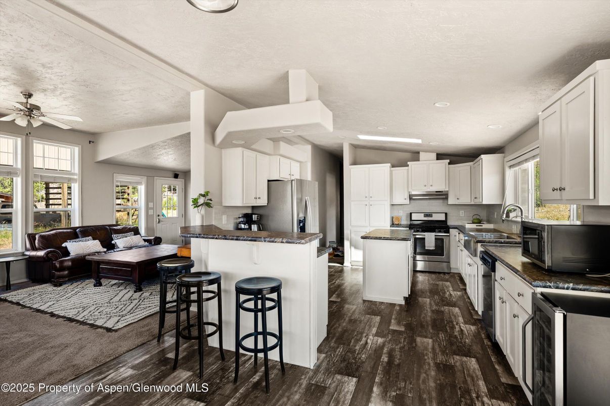 Interior, Kitchen, Living room, Recessed Lighting, Stainless Steel Appliances, Wood Texture Flooring