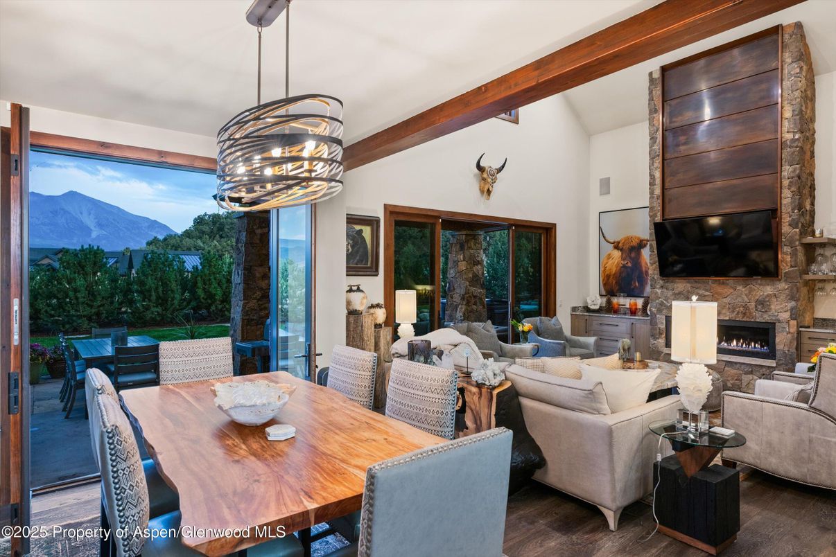 Dining room, Fireplace, Interior, Living room, Pendant Lights, Wooden Beams
