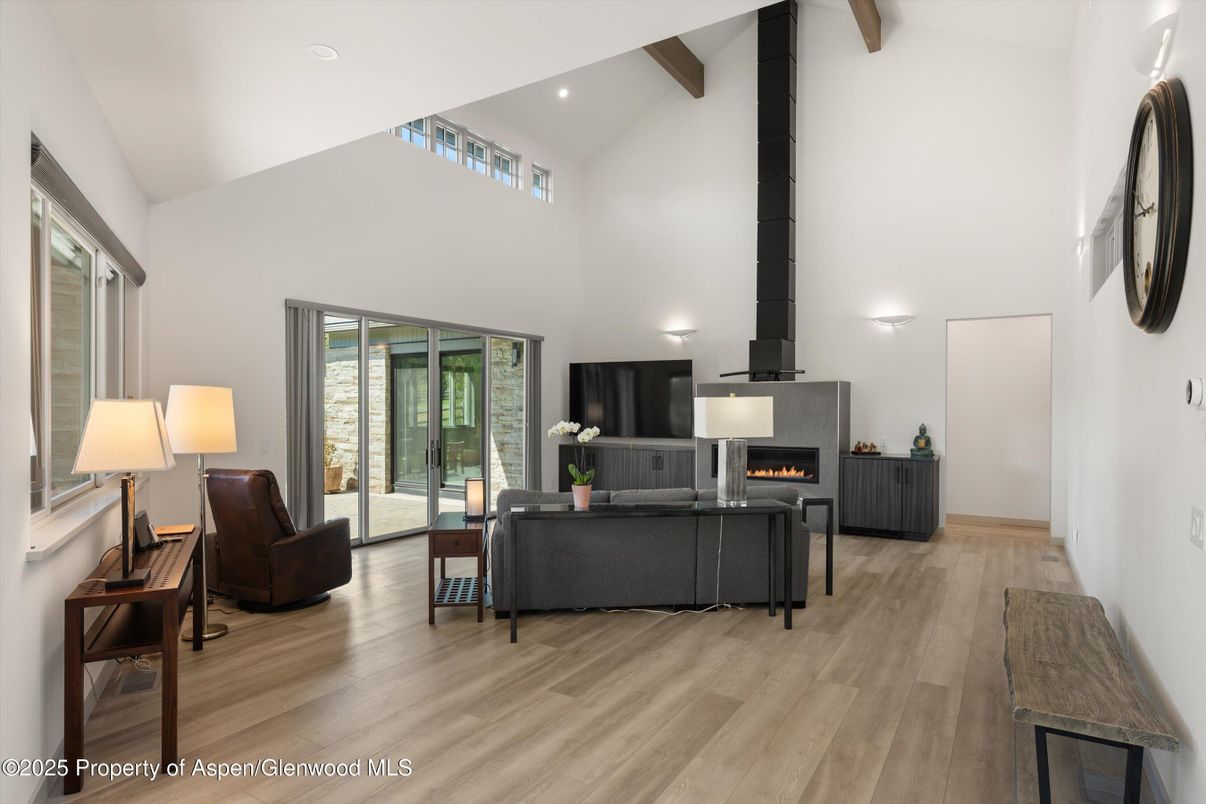 Fireplace, Interior, Living room, Recessed Lighting, Wooden Beams, Wood Texture Flooring