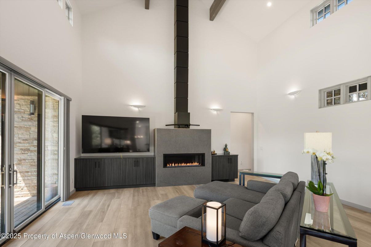 Fireplace, Interior, Living room, Recessed Lighting, Wooden Beams, Wood Texture Flooring