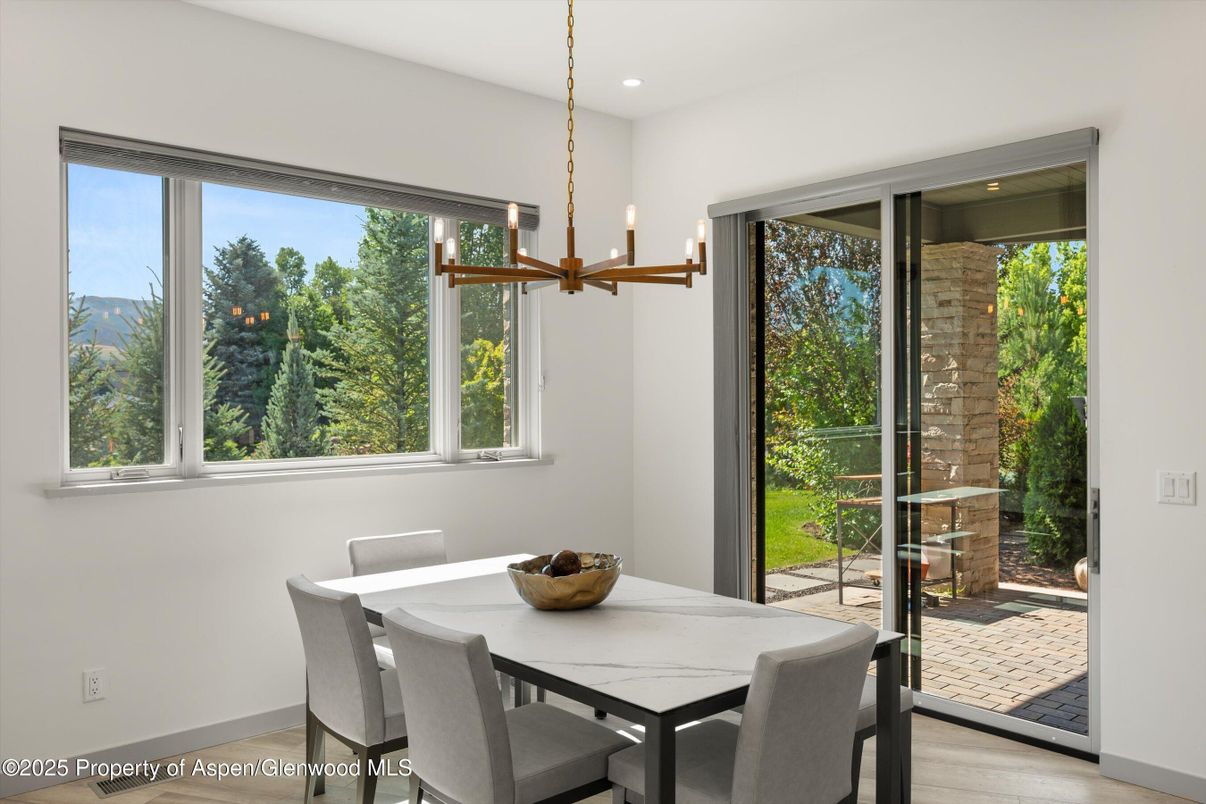 Dining room, Interior, Pendant Lights, Recessed Lighting, Wood Texture Flooring