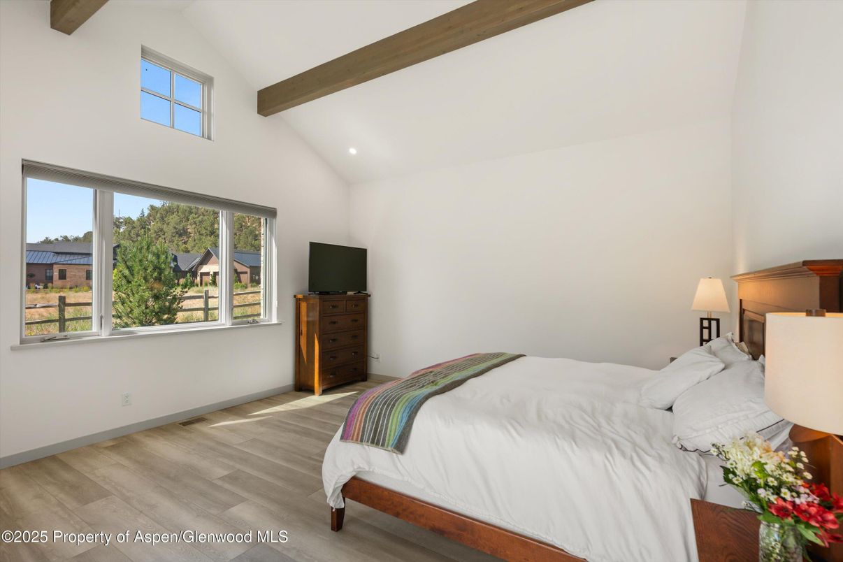 Bedroom, Interior, Recessed Lighting, Wooden Beams, Wood Texture Flooring