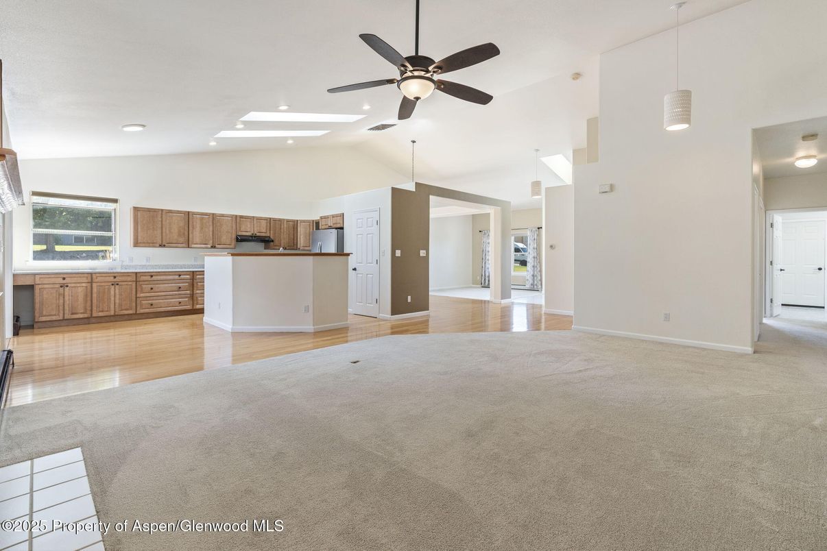 Empty room, Interior, Kitchen, Pendant Lights, Recessed Lighting, Wood Texture Flooring
