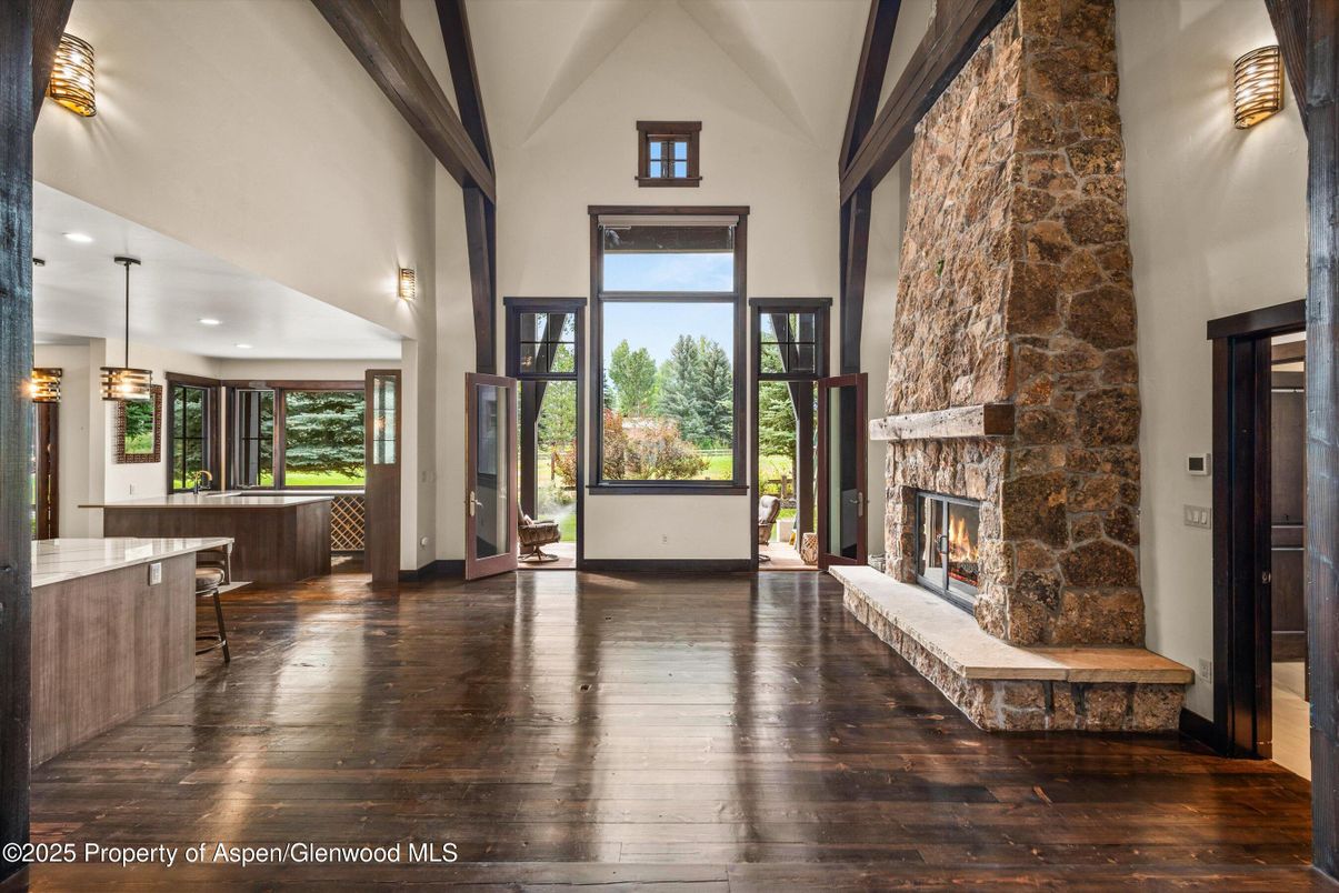 Fireplace, Interior, Pendant Lights, Recessed Lighting, Stone Walls, Wood Texture Flooring