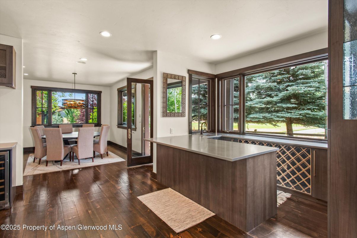 Dining room, Interior, Pendant Lights, Recessed Lighting, Wood Texture Flooring