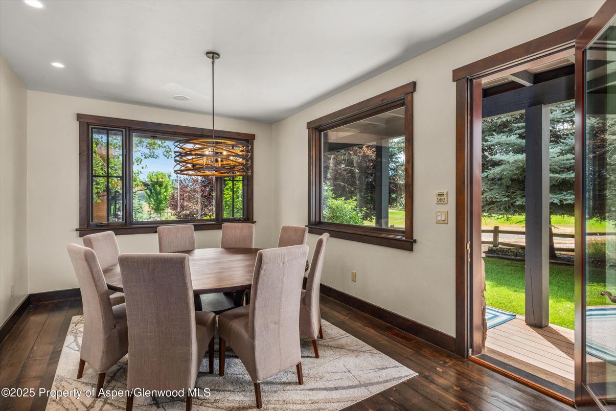 Dining room, Interior, Pendant Lights, Recessed Lighting, Wood Texture Flooring