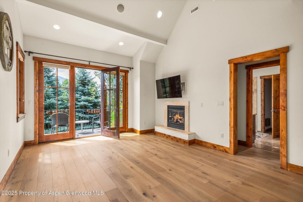 Empty room, Fireplace, Interior, Recessed Lighting, Wood Texture Flooring