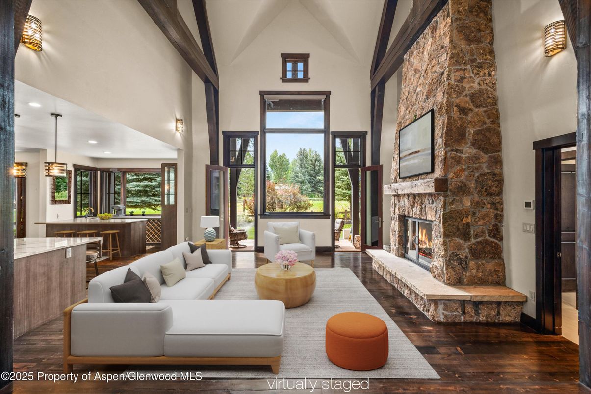 Fireplace, Interior, Living room, Pendant Lights, Recessed Lighting, Stone Walls, Wood Texture Flooring
