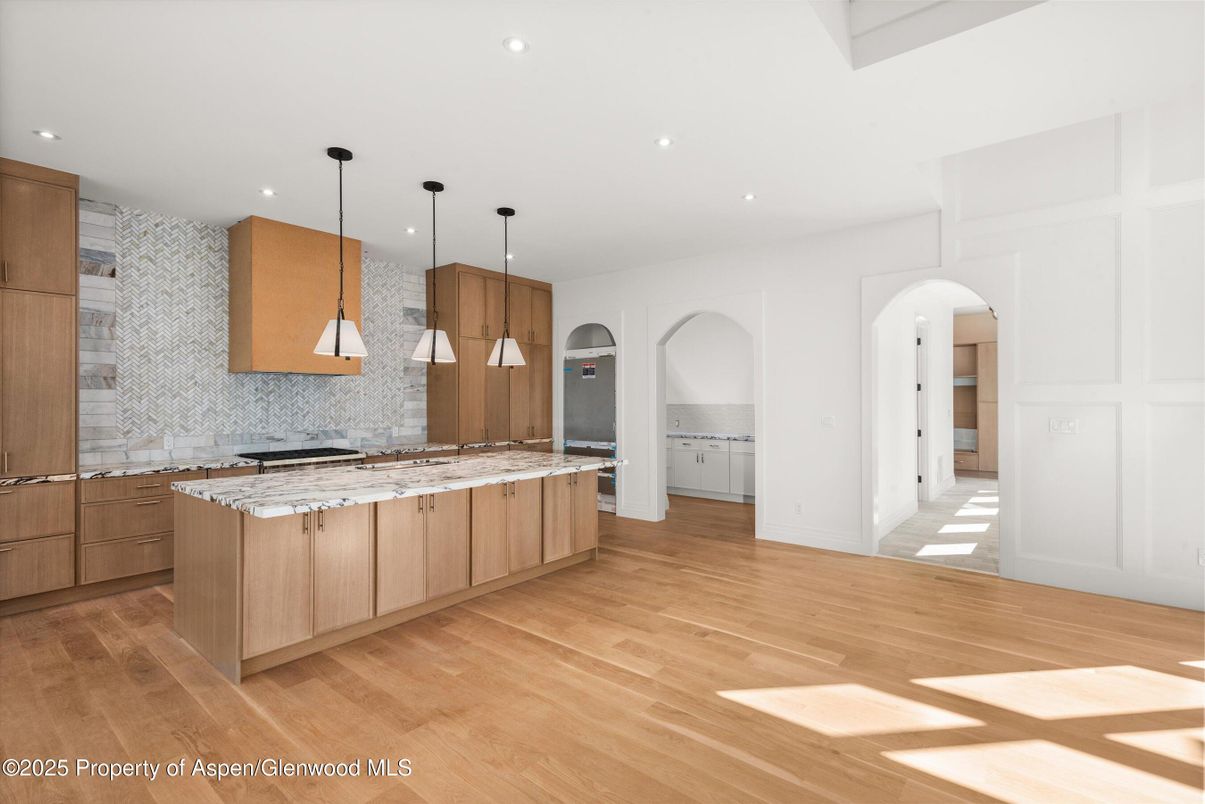 Interior, Kitchen, Pendant Lights, Recessed Lighting, Wood Texture Flooring