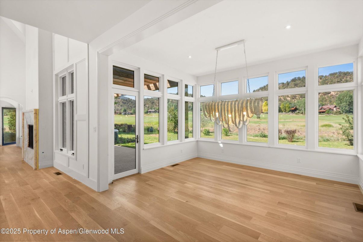 Chandelier, Empty room, Interior, Pendant Lights, Recessed Lighting, Wood Texture Flooring