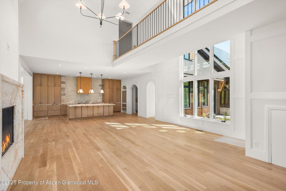 Fireplace, Interior, Kitchen, Pendant Lights, Recessed Lighting, Wood Texture Flooring