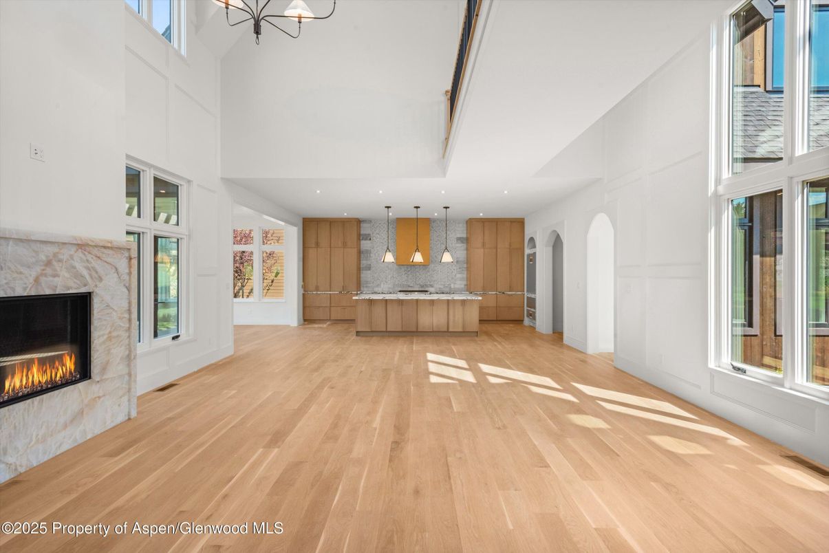 Fireplace, Interior, Kitchen, Pendant Lights, Recessed Lighting, Wood Texture Flooring