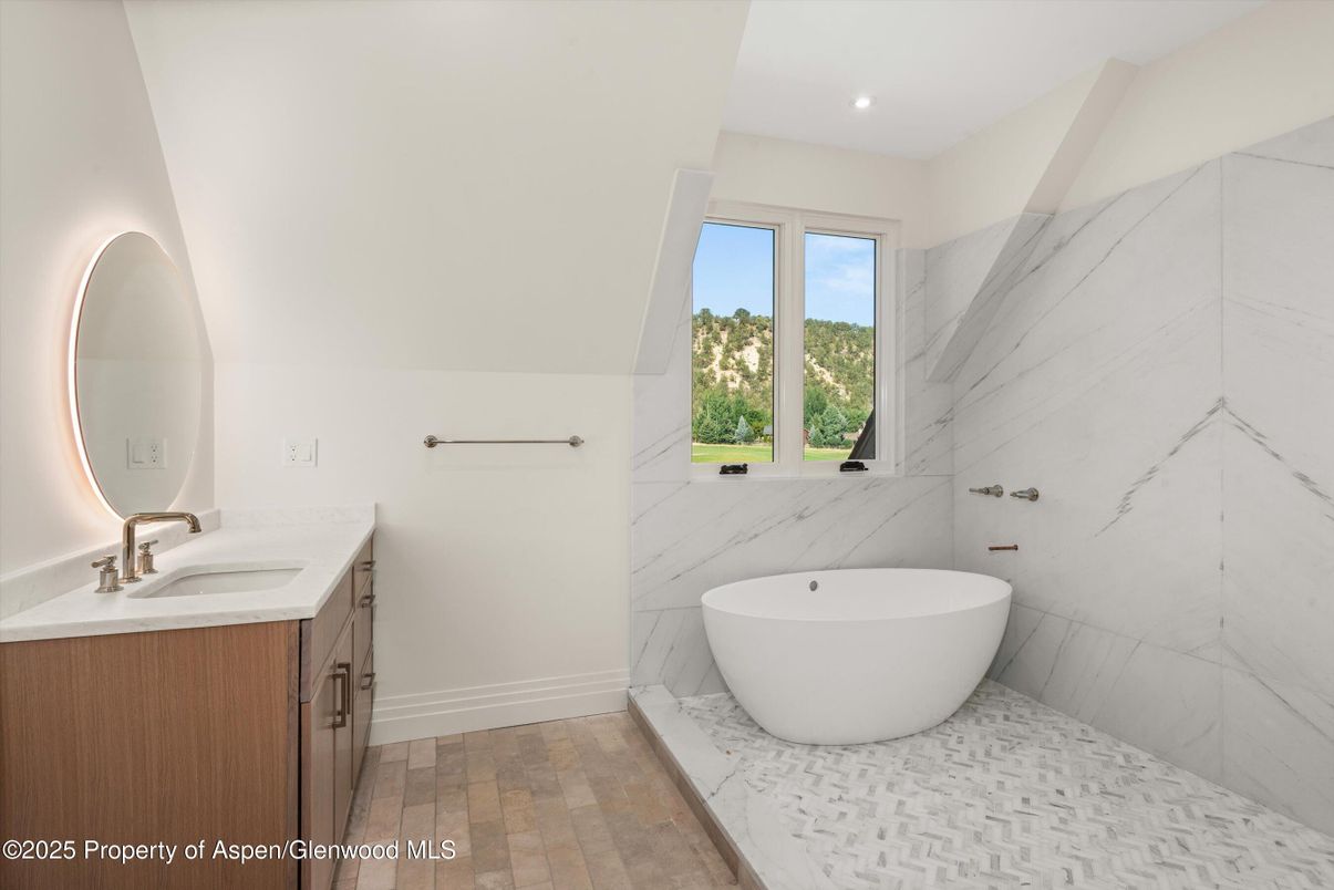Bathroom, Dual Sink Vanities, Free Standing Baths, Interior, Marble Walls, Recessed Lighting