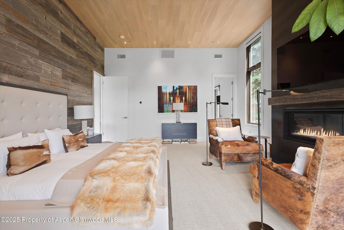 Bedroom, Fireplace, Interior, Recessed Lighting, Wooden Ceilings