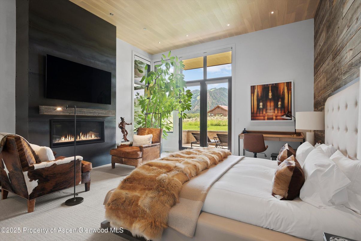 Bedroom, Fireplace, Interior, Recessed Lighting, Wooden Ceilings