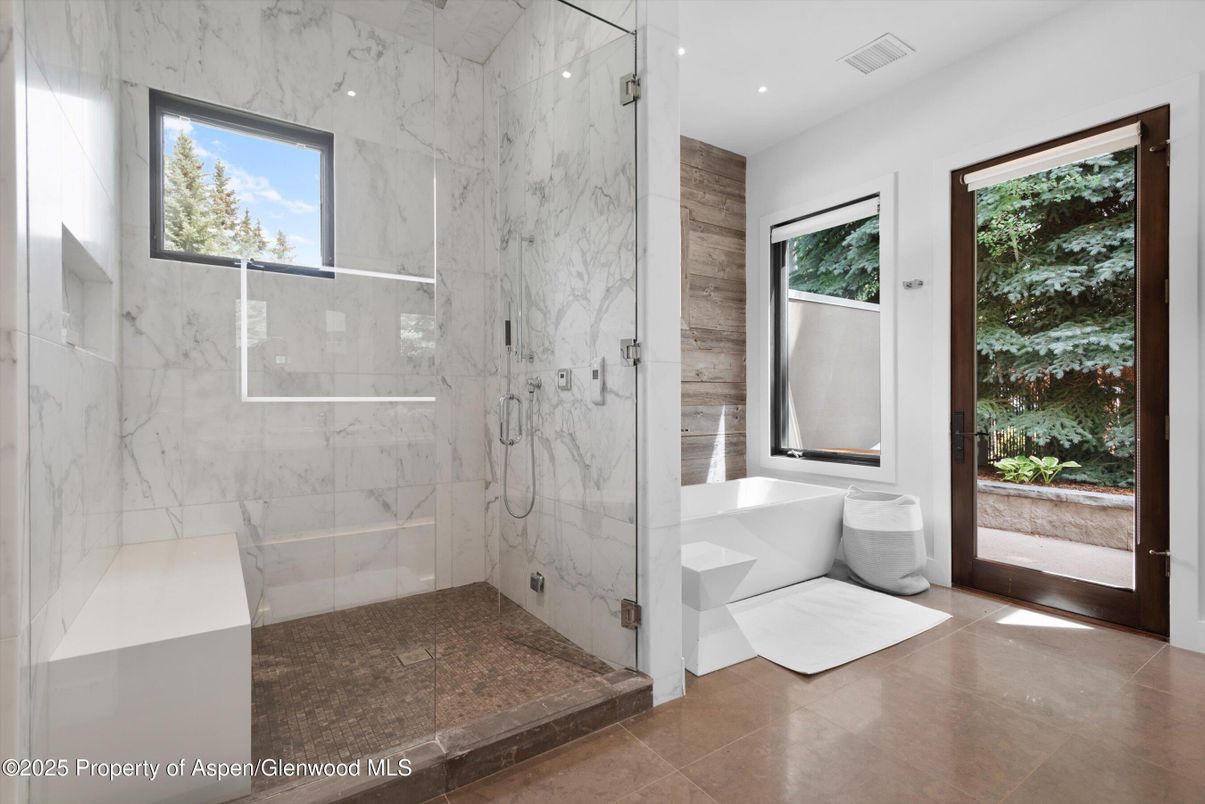 Bathroom, Glass Shower, Interior, Marble Walls, Recessed Lighting