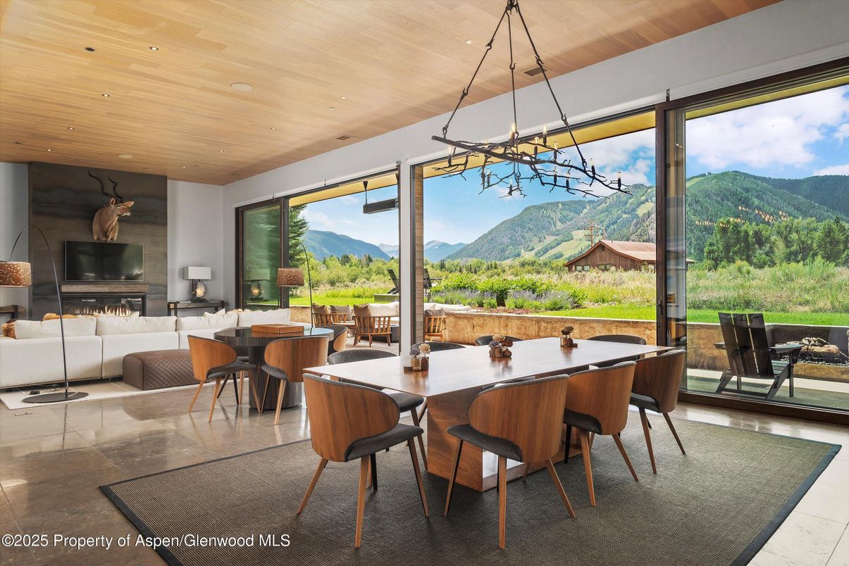 Dining room, Fireplace, Interior, Living room, Pendant Lights, Recessed Lighting, Wooden Ceilings